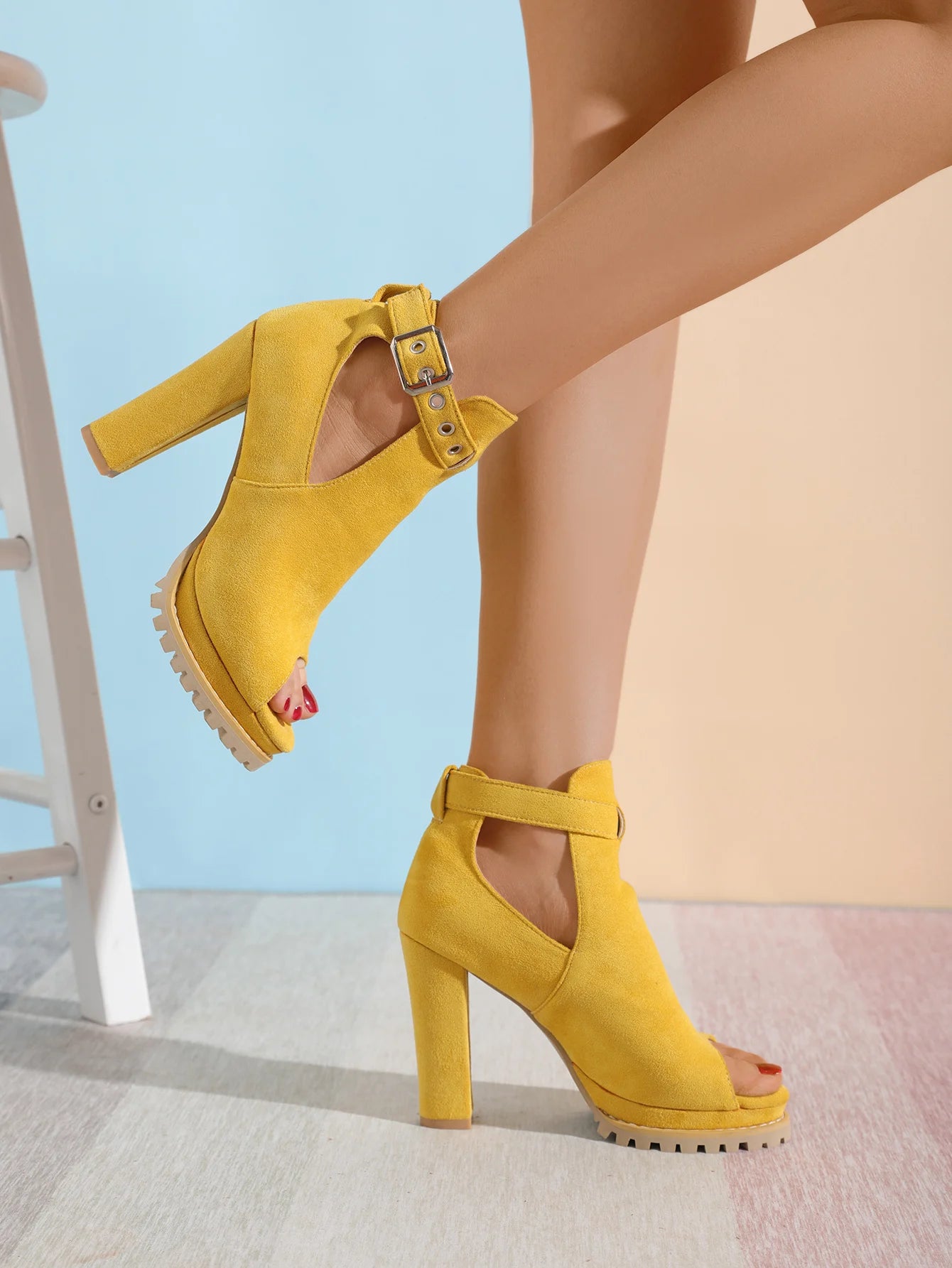 Women Shoes Ankle Boots Woman Sexy High Heels Pattern Chunky Boots Shoes Ladies Yellow Female Open Toe For Women's Square Heel