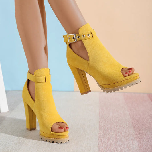 Women Shoes Ankle Boots Woman Sexy High Heels Pattern Chunky Boots Shoes Ladies Yellow Female Open Toe For Women's Square Heel