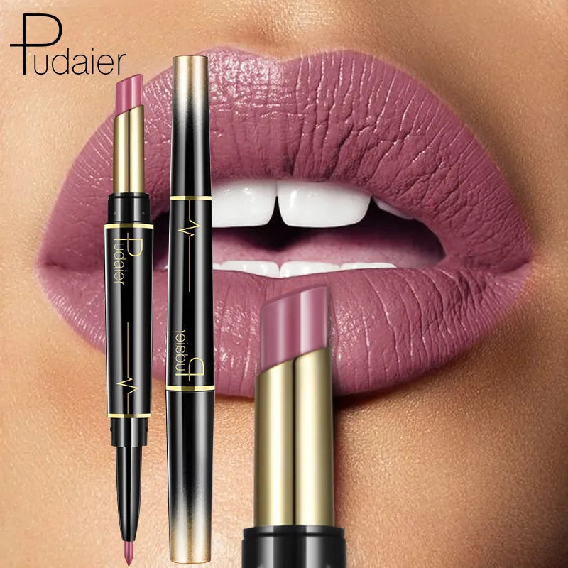 Pudaier Makeup 2 in 1 Matte Lipstick & Lip Liner Nude Lip Stick Pencil Make up Cosmetics Lip Balm Matt Cream Lipbalm Lipliner