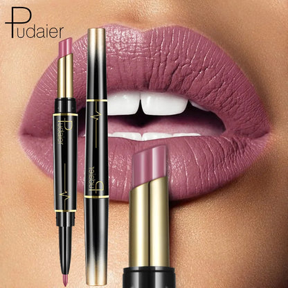 Pudaier Makeup 2 in 1 Matte Lipstick & Lip Liner Nude Lip Stick Pencil Make up Cosmetics Lip Balm Matt Cream Lipbalm Lipliner