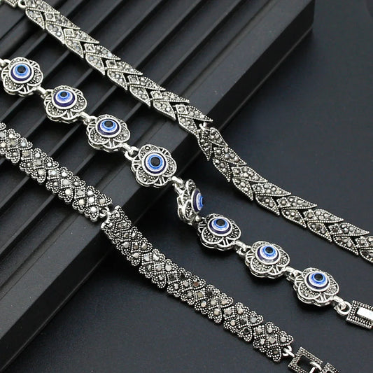 Ladies Favorite Gift Vintage Turkish Bracelet Silver Color Crystal Bohemia Link Bracelet Charm Evil Eye Jewelry